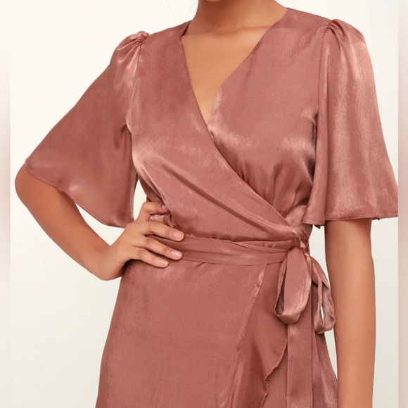 Mauve Satin Faux-Wrap Midi Dress - Picture 4 of 4
